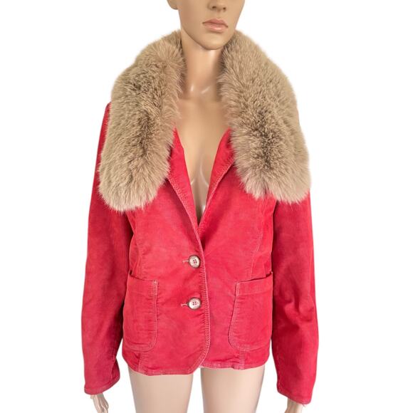 Upcycled Red Corduroy Fur Collar Jacket Penny Lane Mob Wife Boho Glam 70s Style - Picture 2 of 9